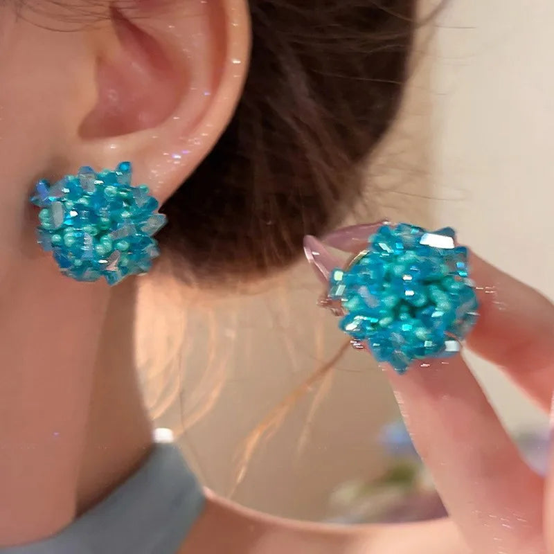 Crystal Flower Blue Fresh Vacation Style Light Luxury High-End Earrings Women Party Trendy Fashion Earring Versatile Exquisite