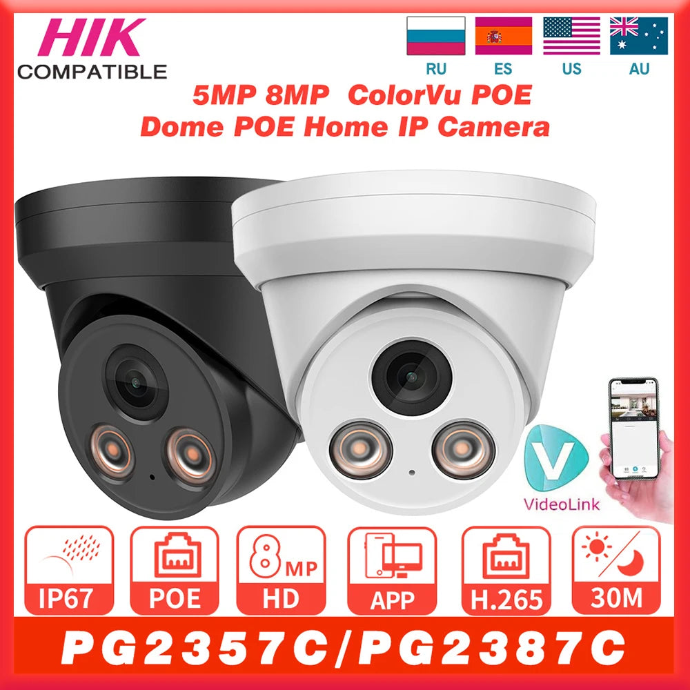 Hikvision Compatible 5MP 8MP 4K ColorVu Dome POE Home IP Camera IR Full Color Night Vision Built-in Mic CCTV Surveillance Video