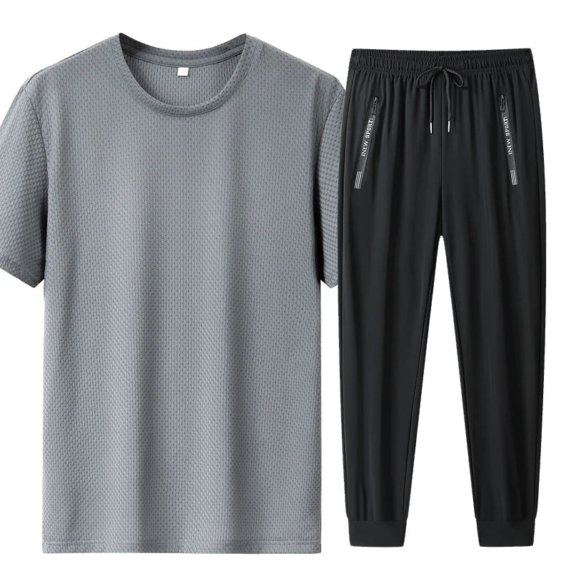 Summer 2 Piece Set Short T Shirts Sets Long Pants  Men'sThin Style Flip Collar T-Shirt Breathable Striped Design Business Casual