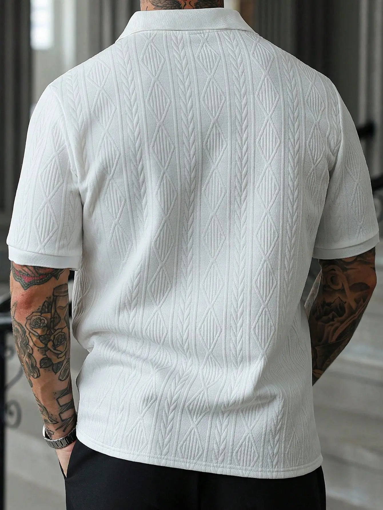 Men's White Textured Jacquard Polo Shirt for Casual Daily Wear, Travel and Outings