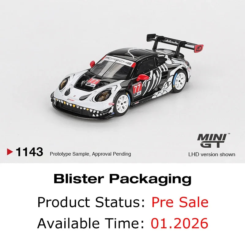 PreSale MINIGT 1143 #77 1:64 Porsche 911 GT3 R AO Racing IMSA Petit Le Mans Skeleton Rexy Halloween Diecast Car Model Toys