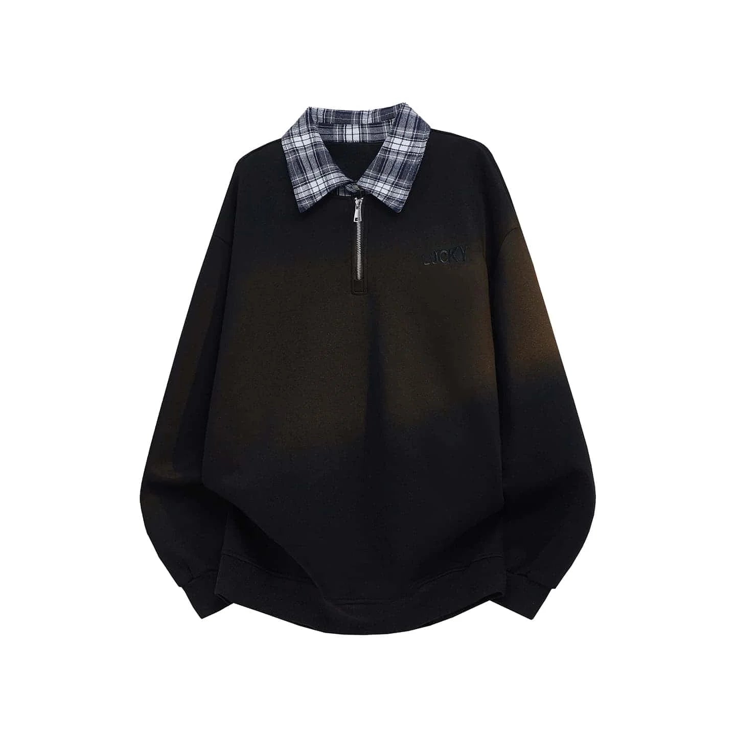 Polo Collar Zip-up Sweatshirt, Plaid Collar Splice Fake Two-Piece Top, Soft Breathable Casual Outerwear, Plus Size M-5XL