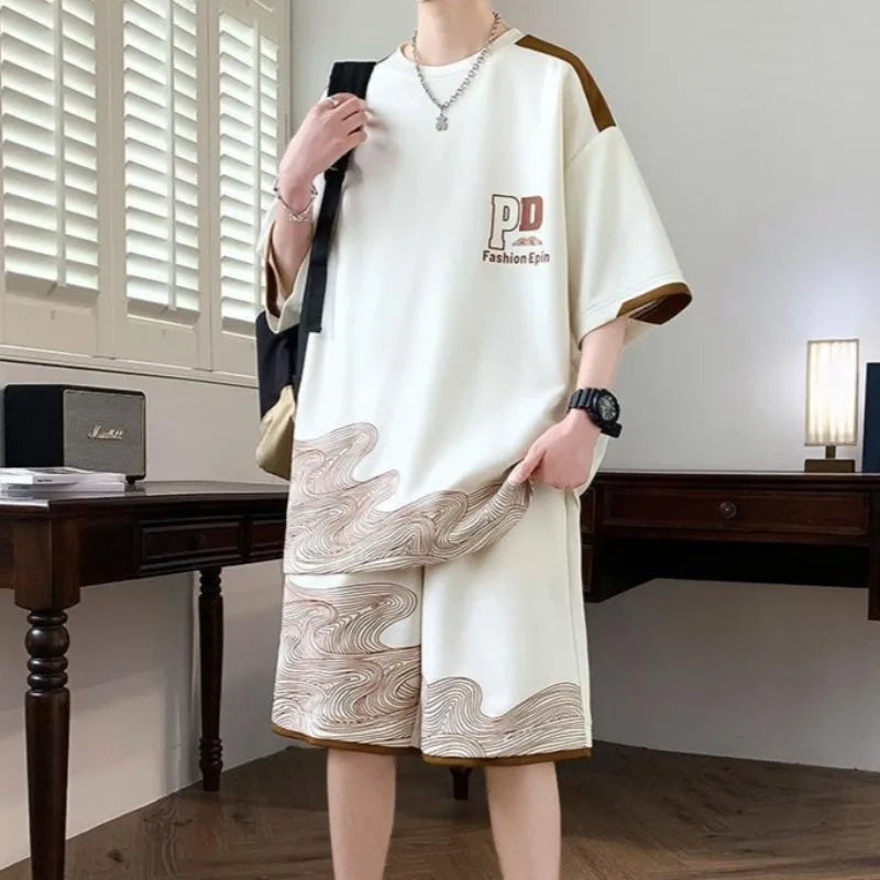 Handsome Teen Male Summer Athleisure Ice Silk Short Sleeve Shorts Two Piece Set Casual Sporty Style