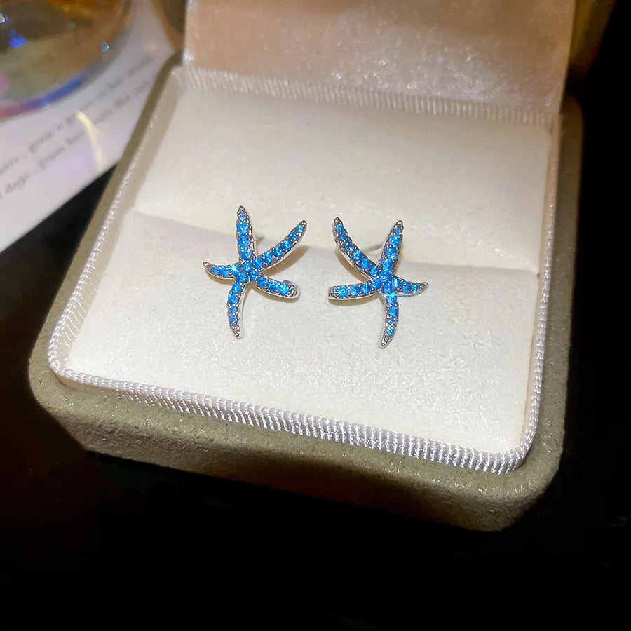 Crystal Flower Blue Fresh Vacation Style Light Luxury High-End Earrings Women Party Trendy Fashion Earring Versatile Exquisite