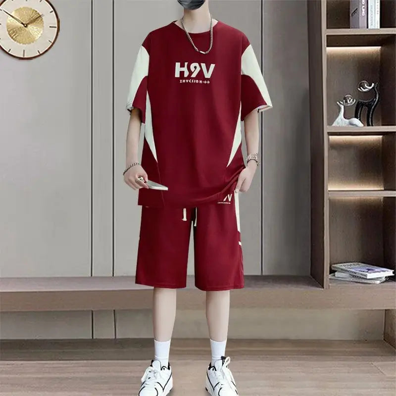 Summer Men Versatile Hot Selling Two Piece Set Short Sleeve Color Block Patchwork Round Neck Printed Korean Style Casual Loose
