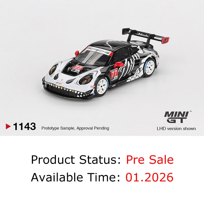 PreSale MINIGT 1143 #77 1:64 Porsche 911 GT3 R AO Racing IMSA Petit Le Mans Skeleton Rexy Halloween Diecast Car Model Toys