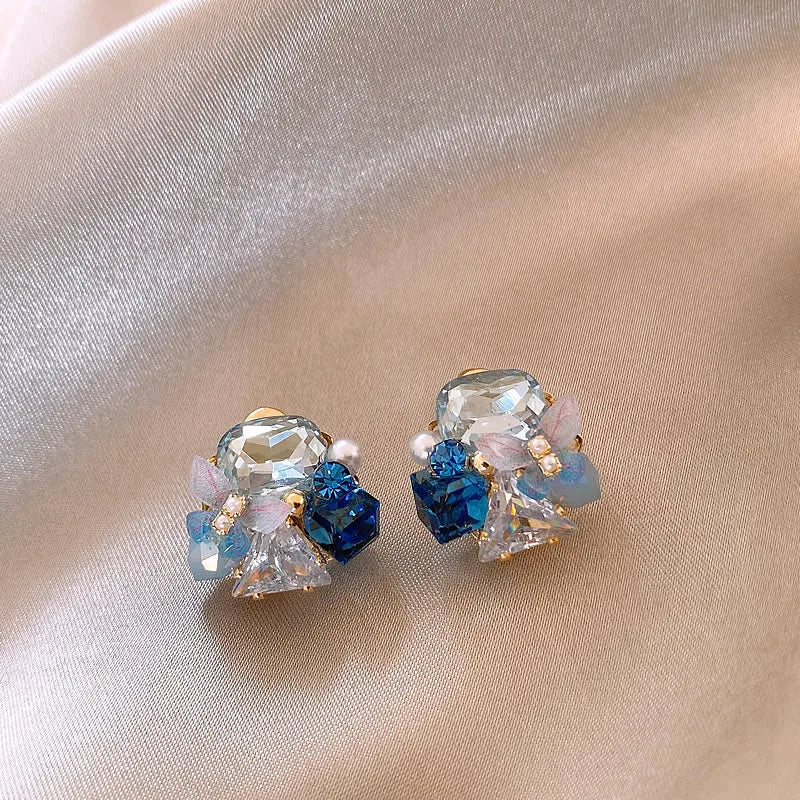 Crystal Flower Blue Fresh Vacation Style Light Luxury High-End Earrings Women Party Trendy Fashion Earring Versatile Exquisite