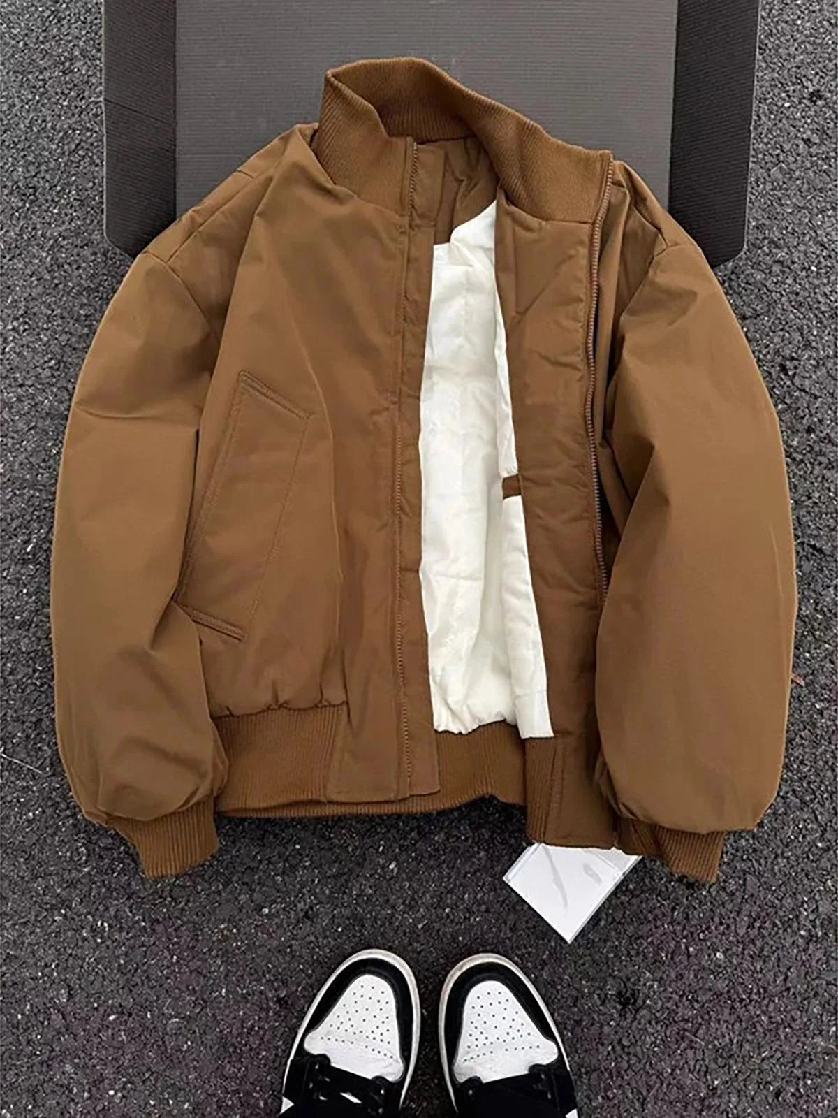 Bla ort Cotton Jaet Men's Winter Baseball Sle Flight Cotton Workwear Coat Warmth Long Sve Zipper Pure Color