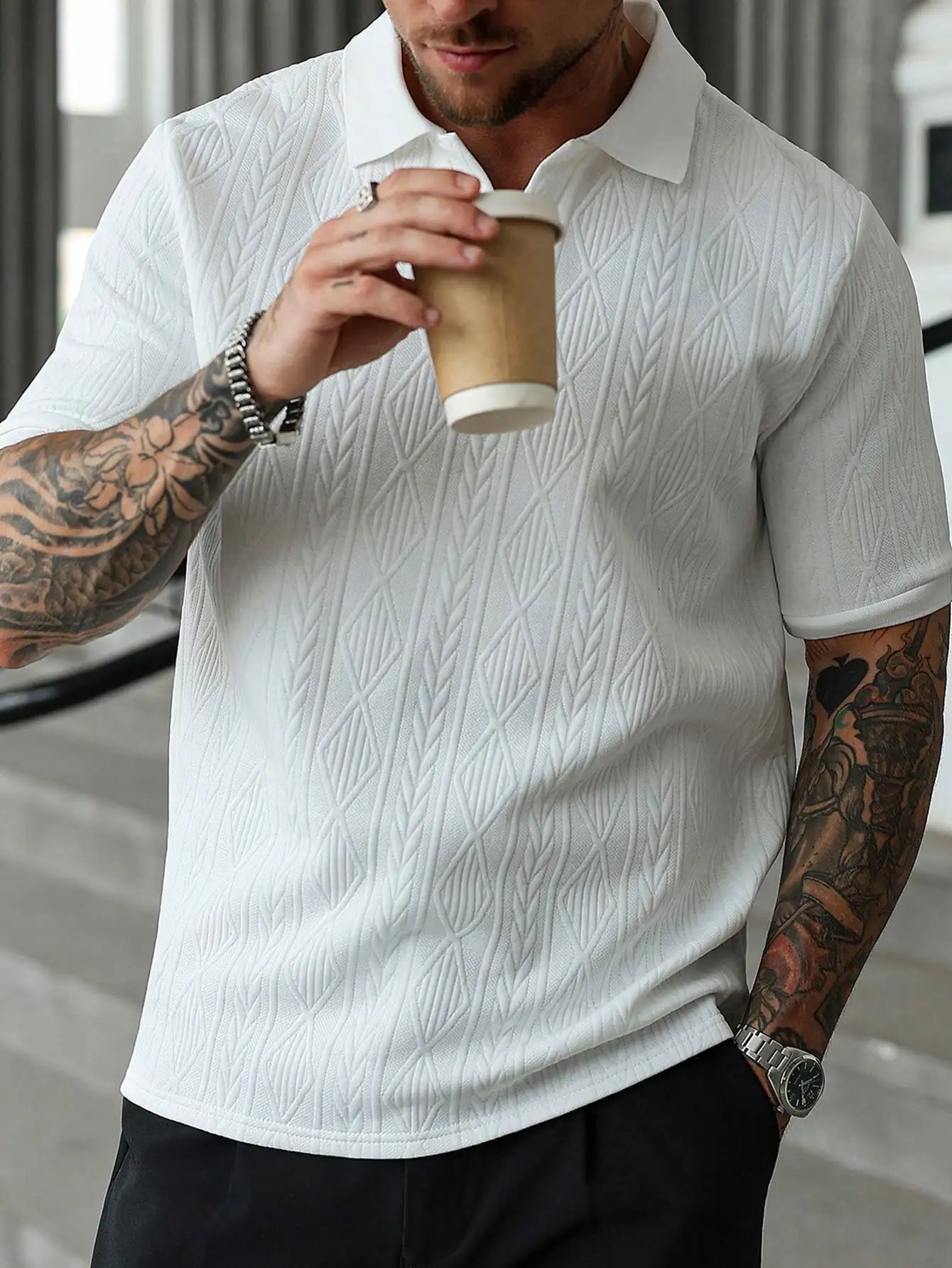 Men's White Textured Jacquard Polo Shirt for Casual Daily Wear, Travel and Outings