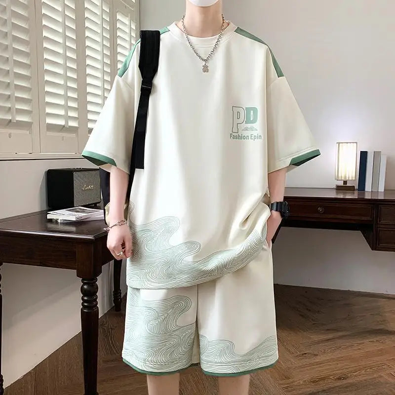 Handsome Teen Male Summer Athleisure Ice Silk Short Sleeve Shorts Two Piece Set Casual Sporty Style