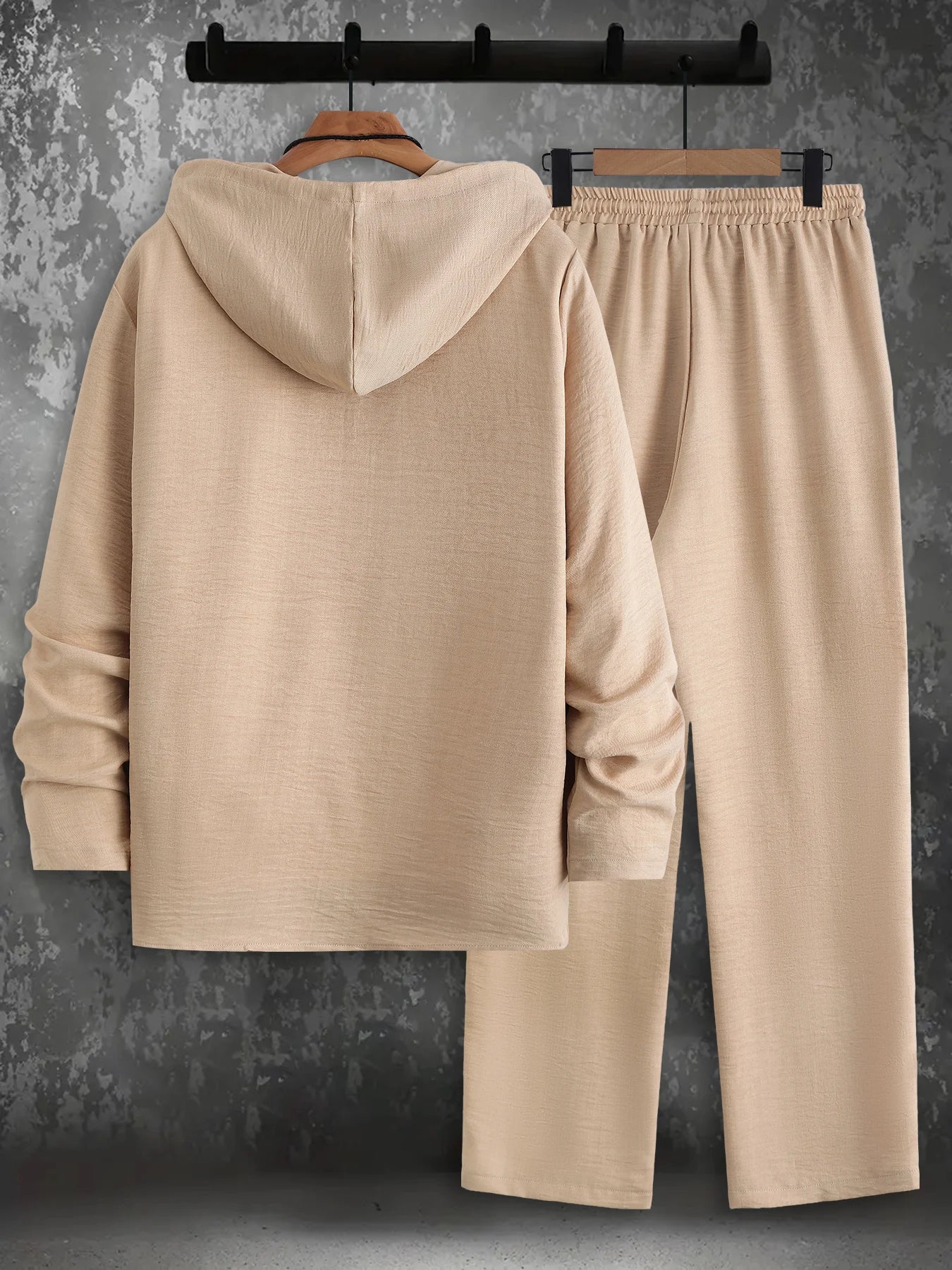 Men's 2 Piece Textured Outfits, Beige Hooded Shirt & Drawstring Pants Set