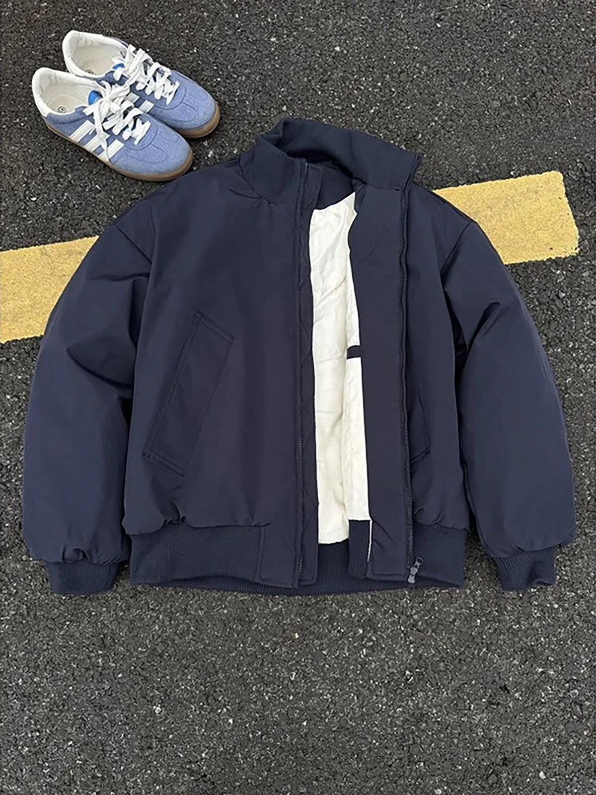 Bla ort Cotton Jaet Men's Winter Baseball Sle Flight Cotton Workwear Coat Warmth Long Sve Zipper Pure Color