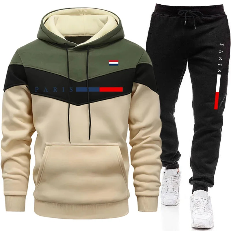 Urban Casual Fashion Hoodie Sportswear Paris Printed Pullover Outfits 2026 Hot Sale Men's Set Hooded Sweatshirt and Jogger Pants