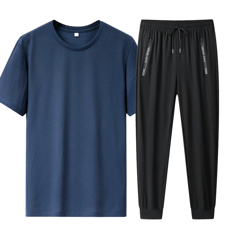 Summer 2 Piece Set Short T Shirts Sets Long Pants  Men'sThin Style Flip Collar T-Shirt Breathable Striped Design Business Casual