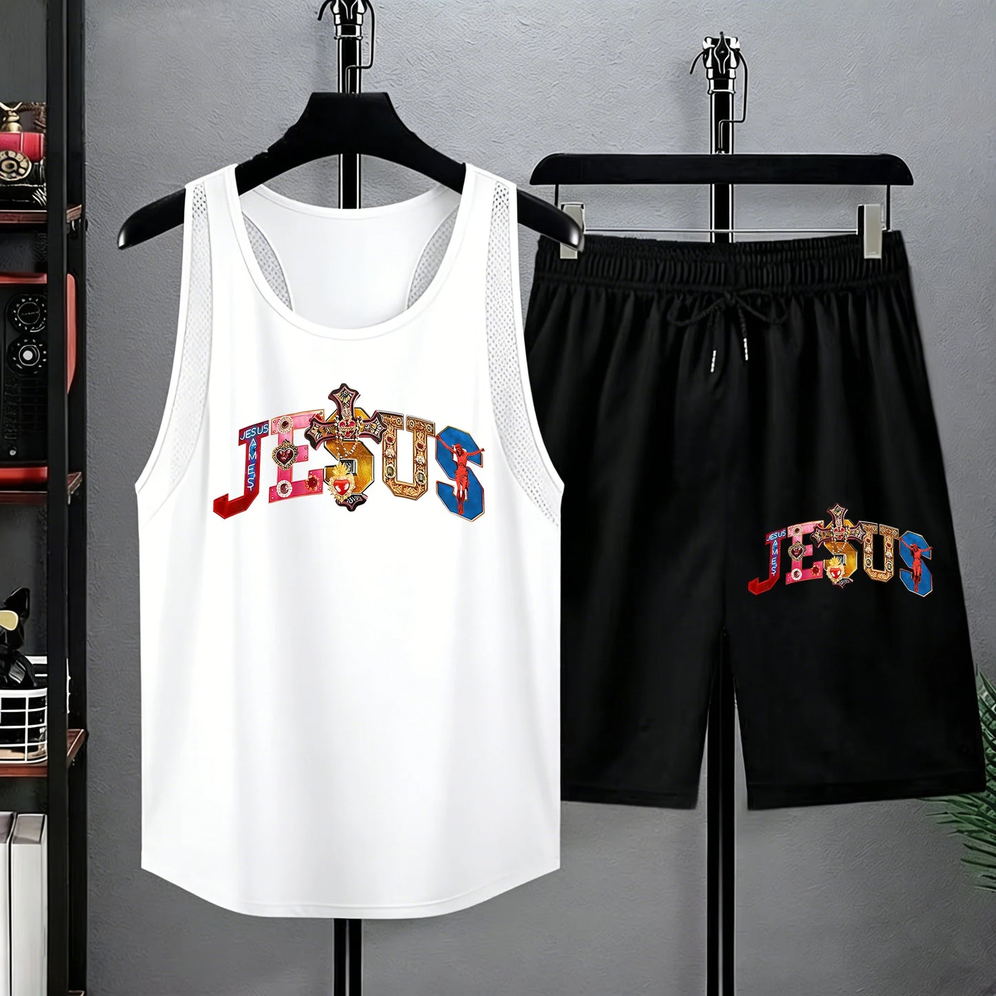 Multicolor Gemstone Cross & Jesus Pattern Summer Quick Dry Vest Set Pocket Beach Shorts Man Gym Classic Sportswear Sport Pants