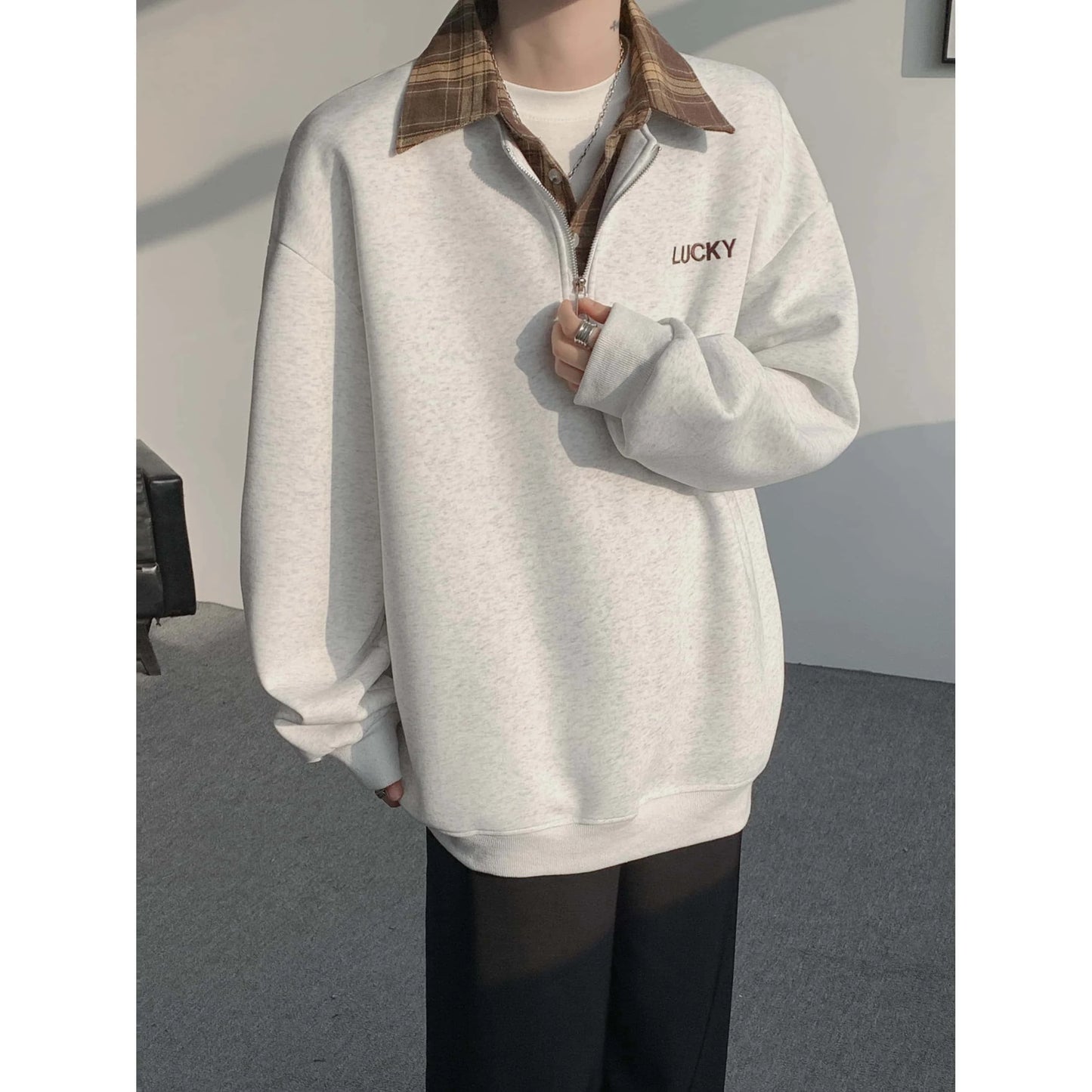 Polo Collar Zip-up Sweatshirt, Plaid Collar Splice Fake Two-Piece Top, Soft Breathable Casual Outerwear, Plus Size M-5XL