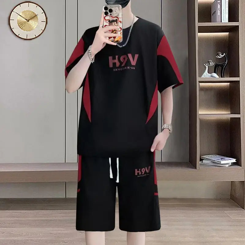 Summer Men Versatile Hot Selling Two Piece Set Short Sleeve Color Block Patchwork Round Neck Printed Korean Style Casual Loose