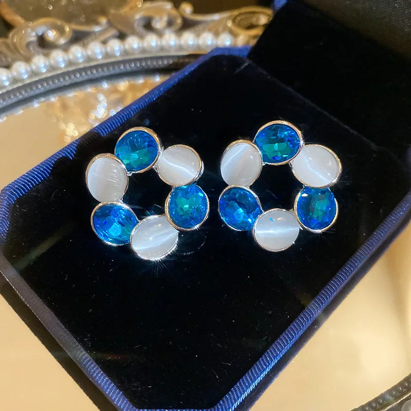 Crystal Flower Blue Fresh Vacation Style Light Luxury High-End Earrings Women Party Trendy Fashion Earring Versatile Exquisite