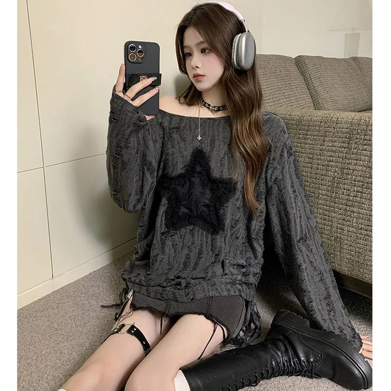 Clearance_Harajuku Tshirts Fashion Tops Star Hollow Out Long Sleeve T Shirt Korean Kawaii Ropa Mujer Casual Y2k T-shirt Clothes