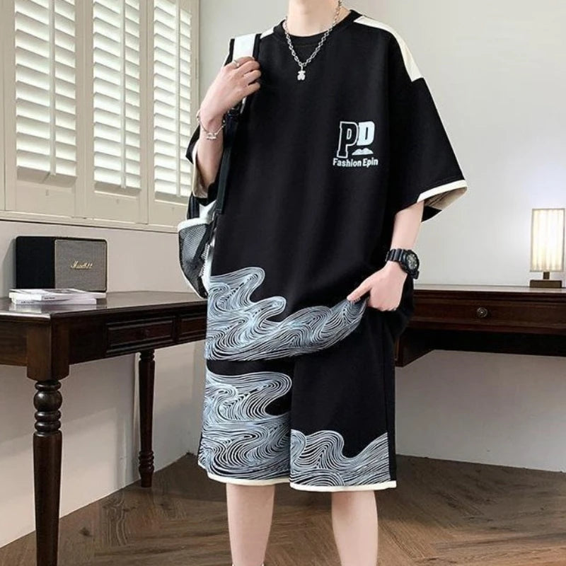 Handsome Teen Male Summer Athleisure Ice Silk Short Sleeve Shorts Two Piece Set Casual Sporty Style