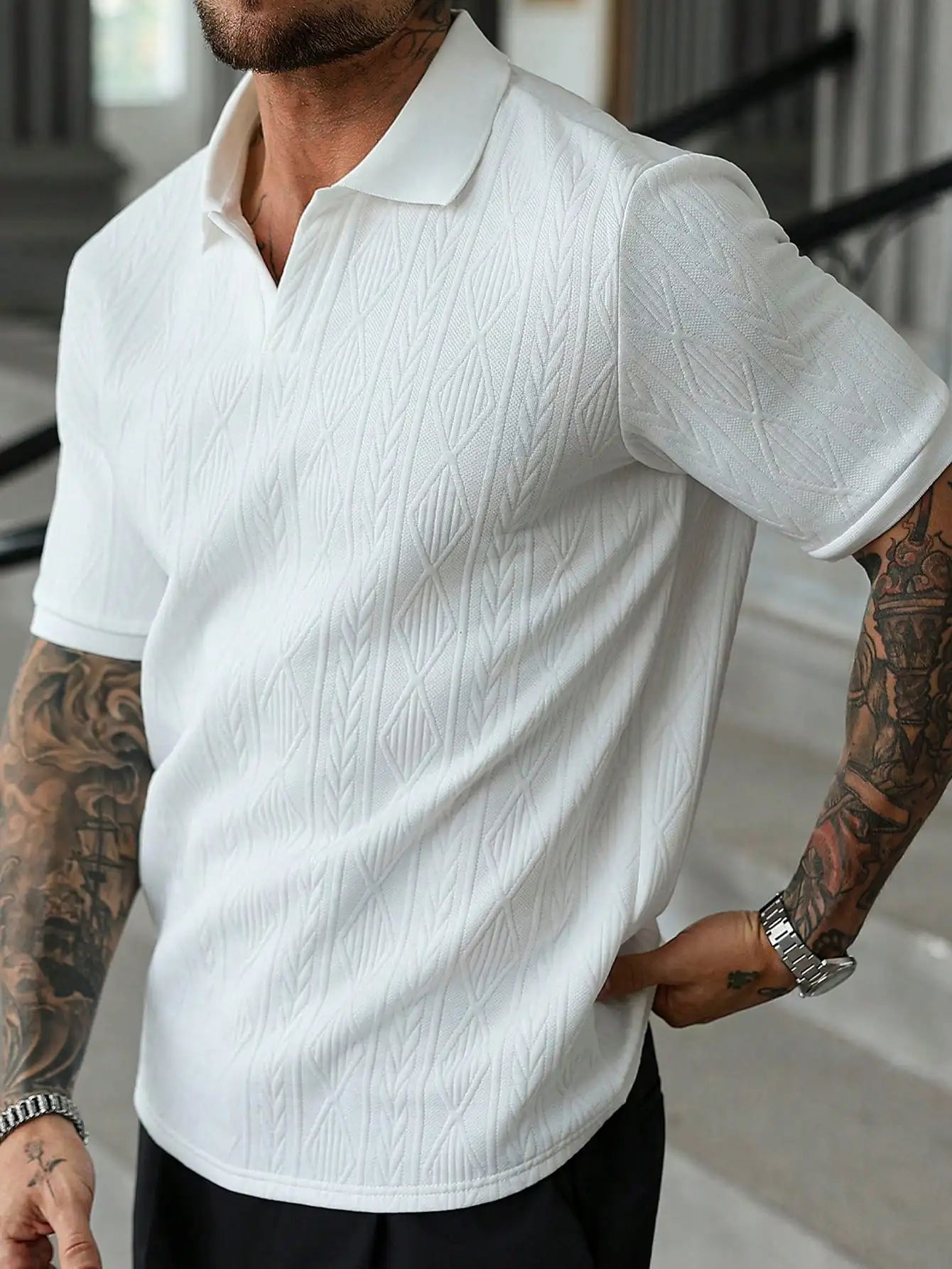 Men's White Textured Jacquard Polo Shirt for Casual Daily Wear, Travel and Outings