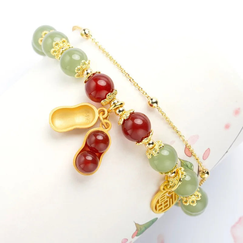 Hetian Jade Peanut Bracelet, Double Layer Beaded Bracelet, Light Luxury Stackable Jewelry for Women