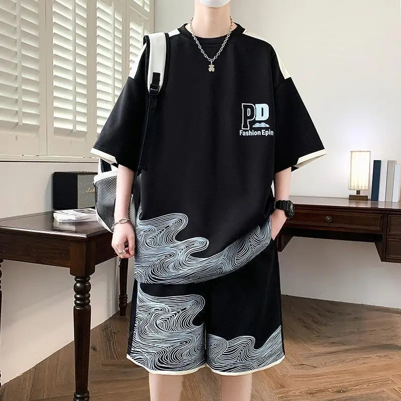 Handsome Teen Male Summer Athleisure Ice Silk Short Sleeve Shorts Two Piece Set Casual Sporty Style