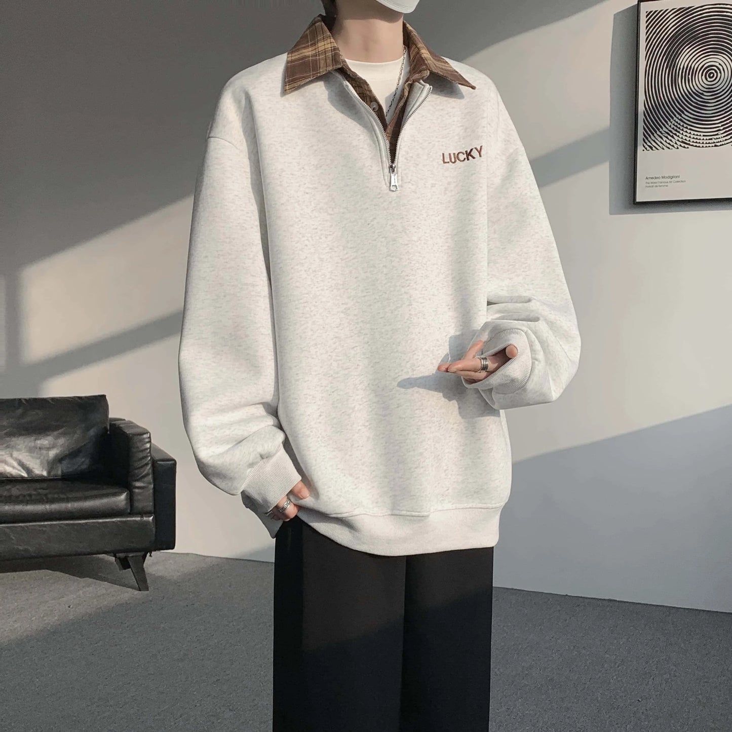 Polo Collar Zip-up Sweatshirt, Plaid Collar Splice Fake Two-Piece Top, Soft Breathable Casual Outerwear, Plus Size M-5XL