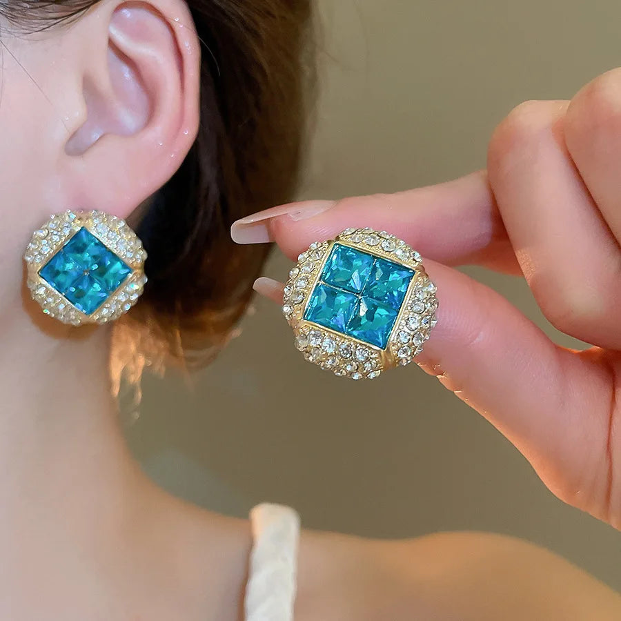 Crystal Flower Blue Fresh Vacation Style Light Luxury High-End Earrings Women Party Trendy Fashion Earring Versatile Exquisite