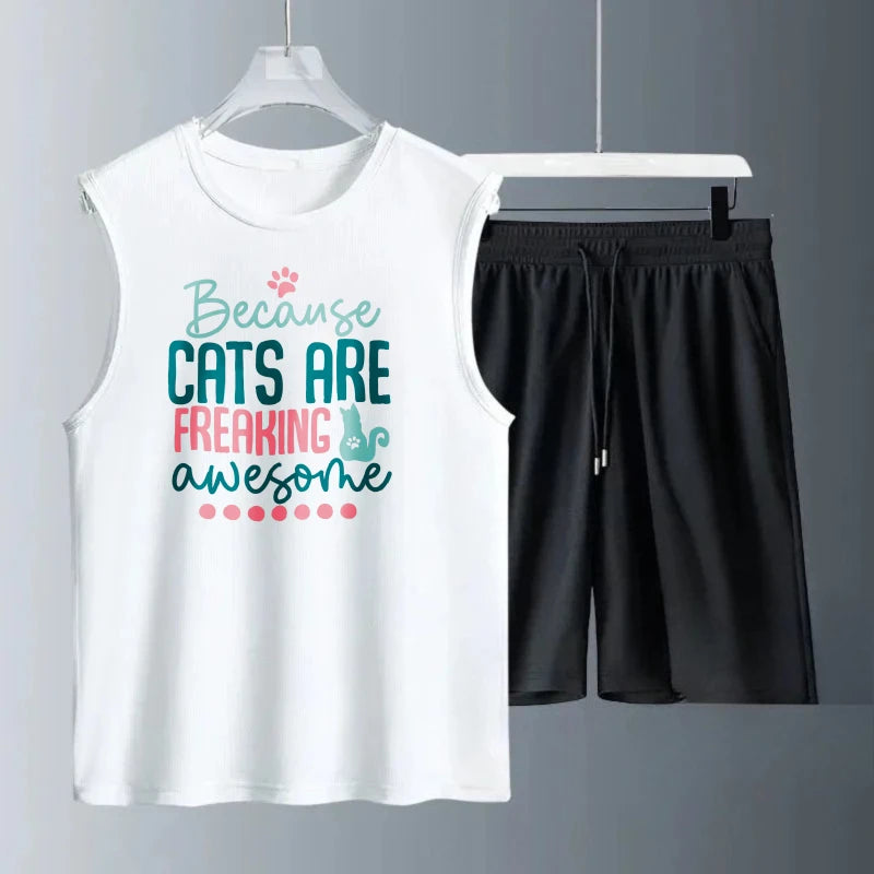 Men's vest suit Summer sleeveless printed Because Cats Are Freaking Awesome tank  Tops + shorts  drip clothes tracksuits for man