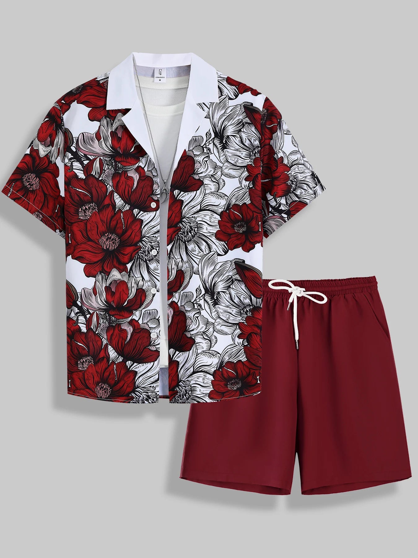 Men's Summer Lightweight Breathable Outfit, Bold Floral Print Shirt & Shorts for Vacation