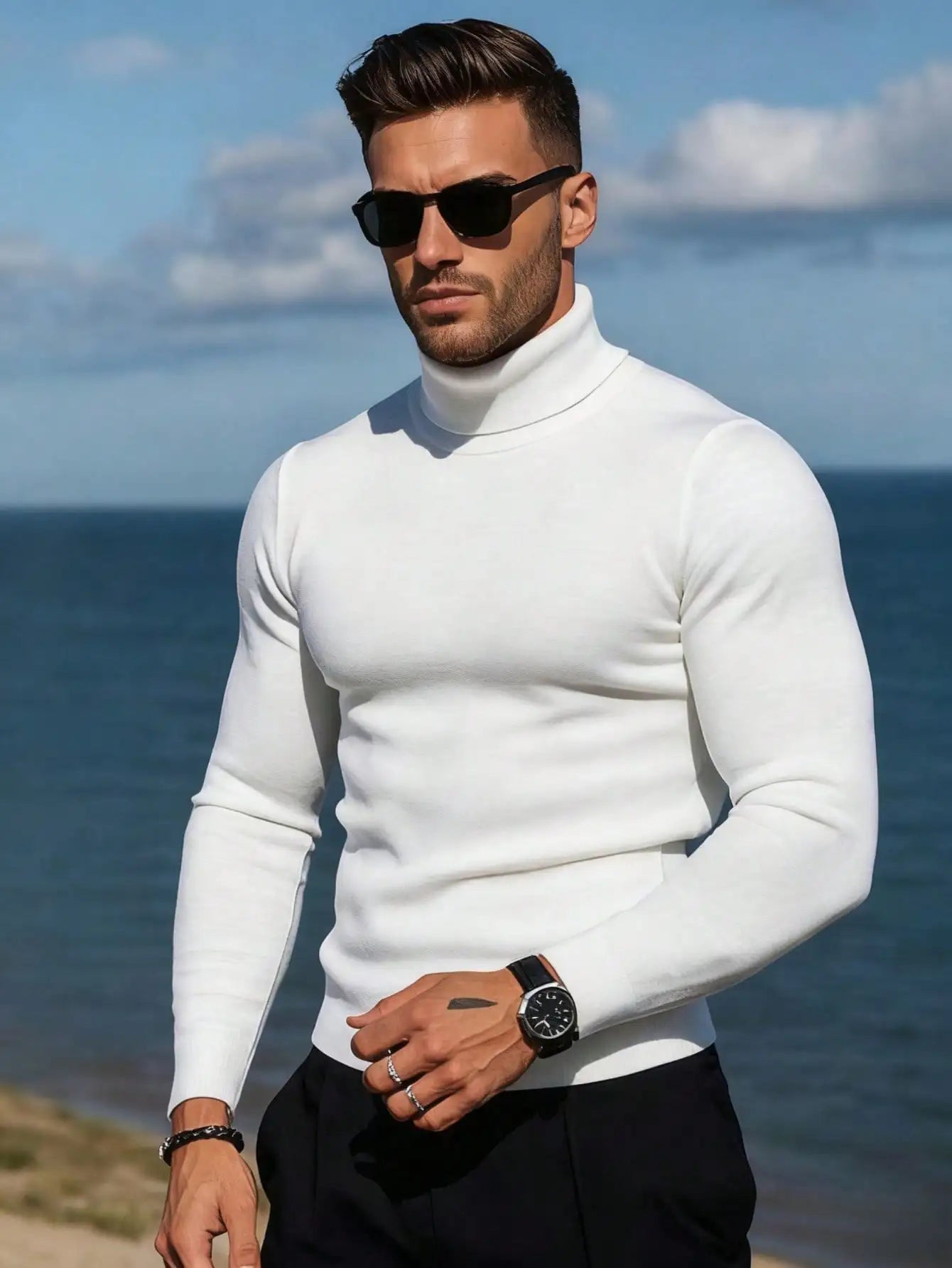 Men's High Neck Long Sleeve Knit Sweater for Casual Daily Wear, Autumn Winter Thin Fit