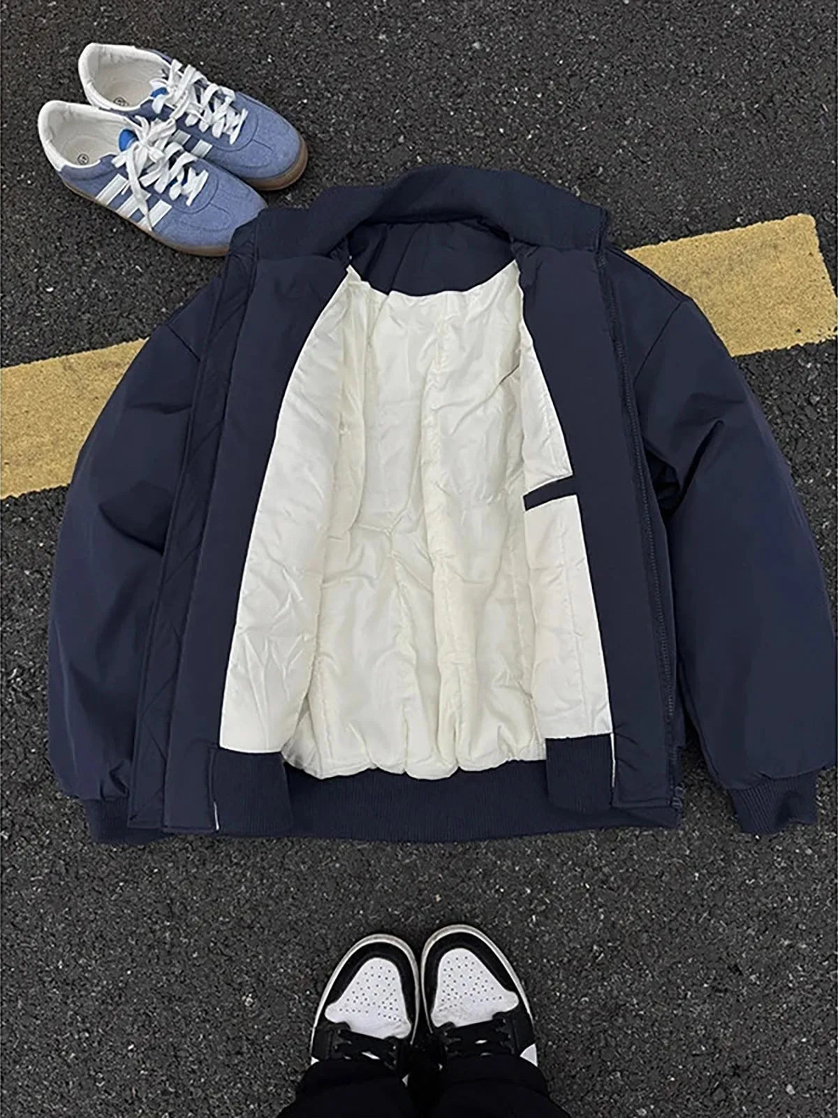 Bla ort Cotton Jaet Men's Winter Baseball Sle Flight Cotton Workwear Coat Warmth Long Sve Zipper Pure Color