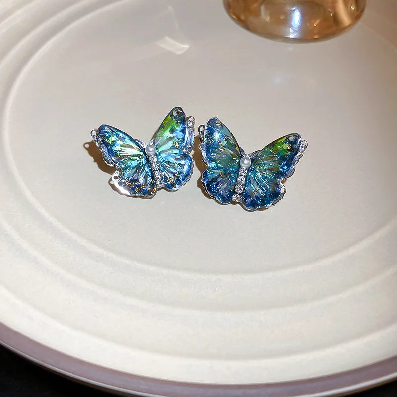 Crystal Flower Blue Fresh Vacation Style Light Luxury High-End Earrings Women Party Trendy Fashion Earring Versatile Exquisite